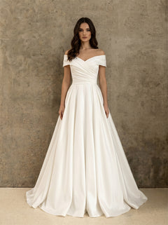 Off Shoulder Twist Bodice Lace Up Back A Line Satin Wedding Dress Bridal Dress