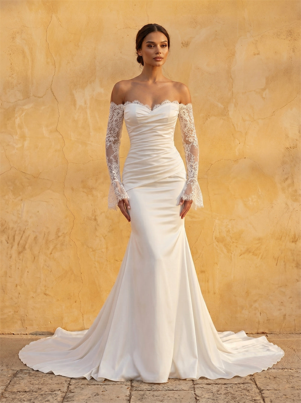 Off Shoulder Lace Long Sleeve Ruched Mermaid Satin Wedding Dress Bridal Dress
