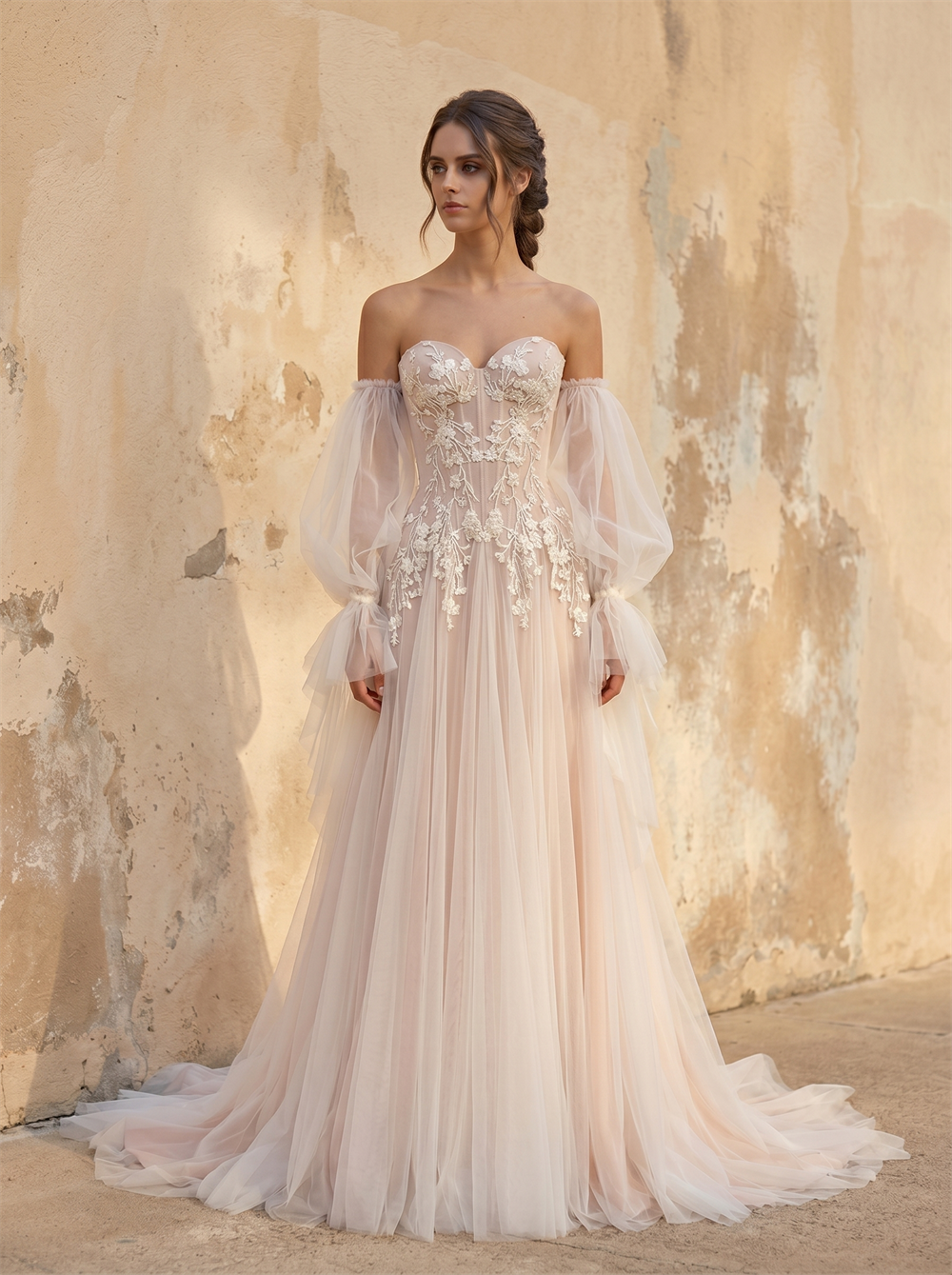Off-The-Shoulder Puff Long Sleeves Lace Applique Blush Tulle A-Line Wedding Dress