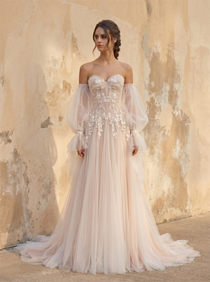 Off-The-Shoulder Puff Long Sleeves Lace Applique Blush Tulle A-Line Wedding Dress