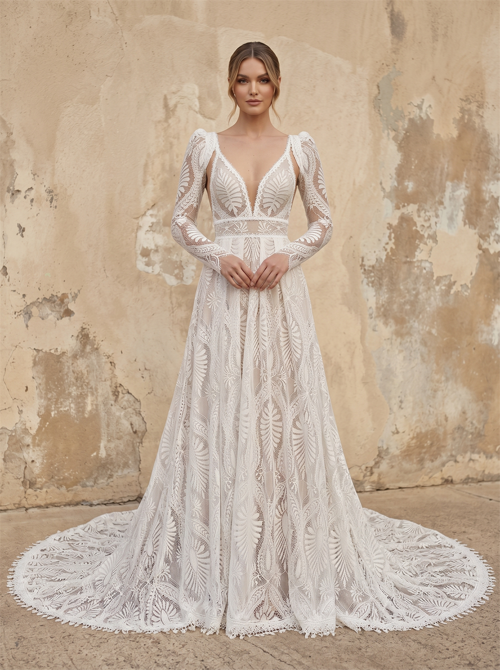 Deep V Long Puff Sleeve Leaf Lace A-Line Wedding Dress With Detachable Jacket Cathedral Train
