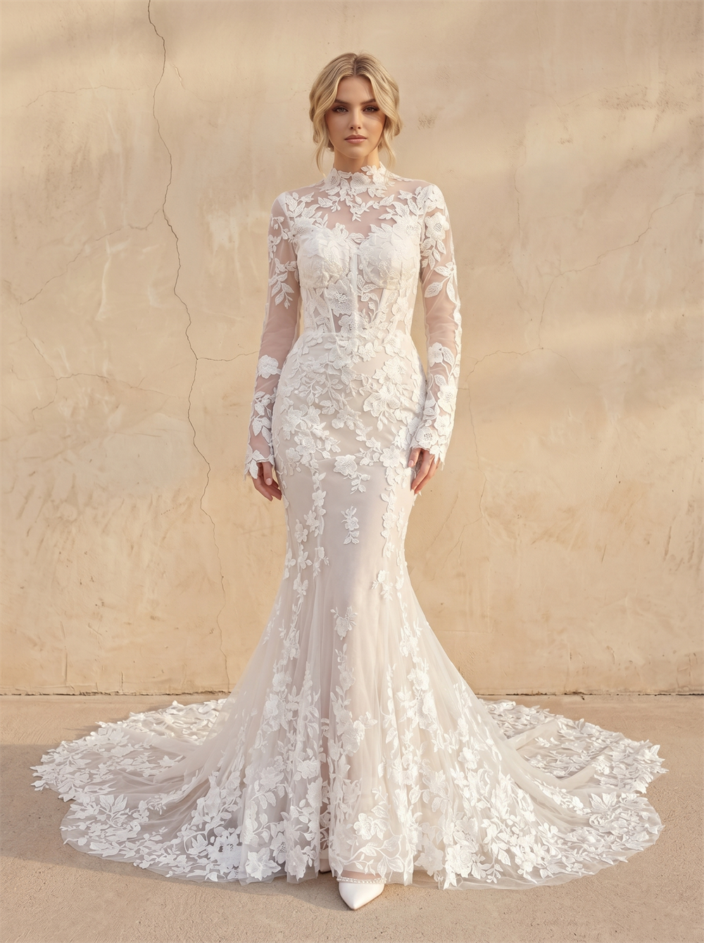 High Neck Long Sleeve Full Floral Lace Mermaid Wedding Dress