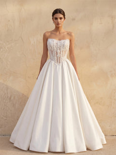 Strapless Sweetheart Sheer Corset Lace Satin Ball Gown Wedding Dress Classic Voluminous A Line Bridal Dress