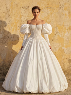 Off Shoulder Puff Long Sleeve Beaded Corset Satin Ball Gown Wedding Dress Luxury Voluminous Princess Bridal Dress