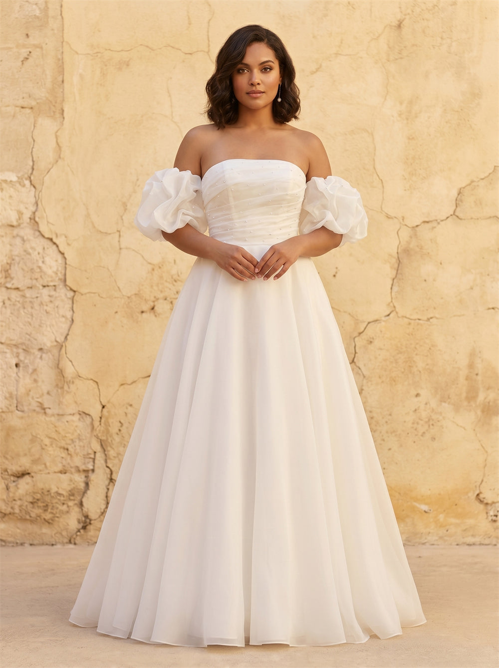 Strapless Beaded Bodice Detachable Puff Off Shoulder Sleeve Organza A Line Wedding Dress Back Pearl Button Romantic Voluminous Bridal Dress