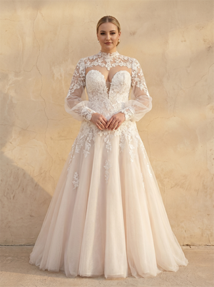 High Neck Puff Long Sleeve Floral Lace Tulle A Line Wedding Dress Lace-Up Back Modest Ballgown Bridal Dress