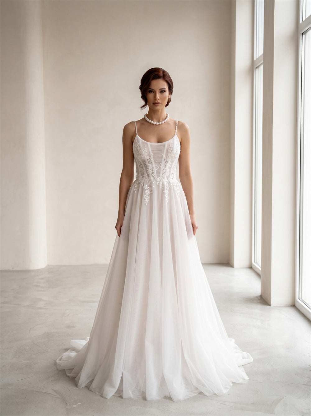 Spaghetti Strap Lace Appliqué Tulle Wedding Dress | Elegant A Line Floor Length Bridal Dress With Sweep Train