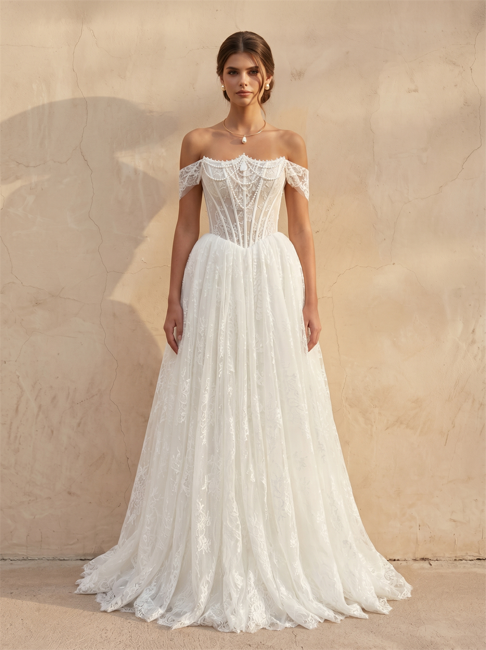 Off Shoulder Sheer Corset Lace A-Line Wedding Dress With Short Flutter Sleeves Floor Length Chapel Train Bridal Dress