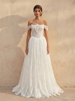 Off Shoulder Sheer Corset Lace A-Line Wedding Dress With Short Flutter Sleeves Floor Length Chapel Train Bridal Dress