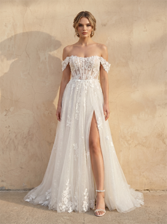 Off The Shoulder 3D Floral Corset Glitter Tulle Wedding Dress With High Slit