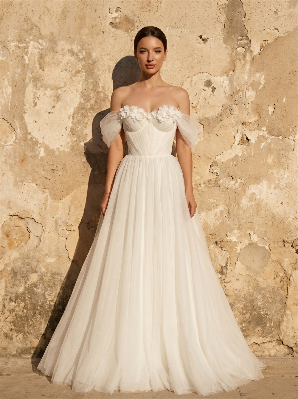 Off Shoulder 3D Floral Puff Sleeve Pleated Tulle A-Line Wedding Dress
