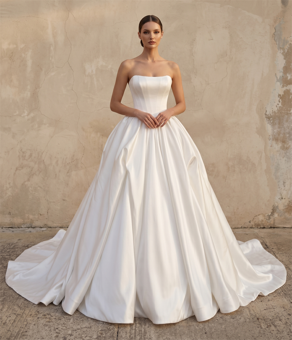 Strapless Structured Satin Ball Gown Wedding Dress With Chapel Train