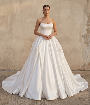 Strapless Structured Satin Ball Gown Wedding Dress With Chapel Train