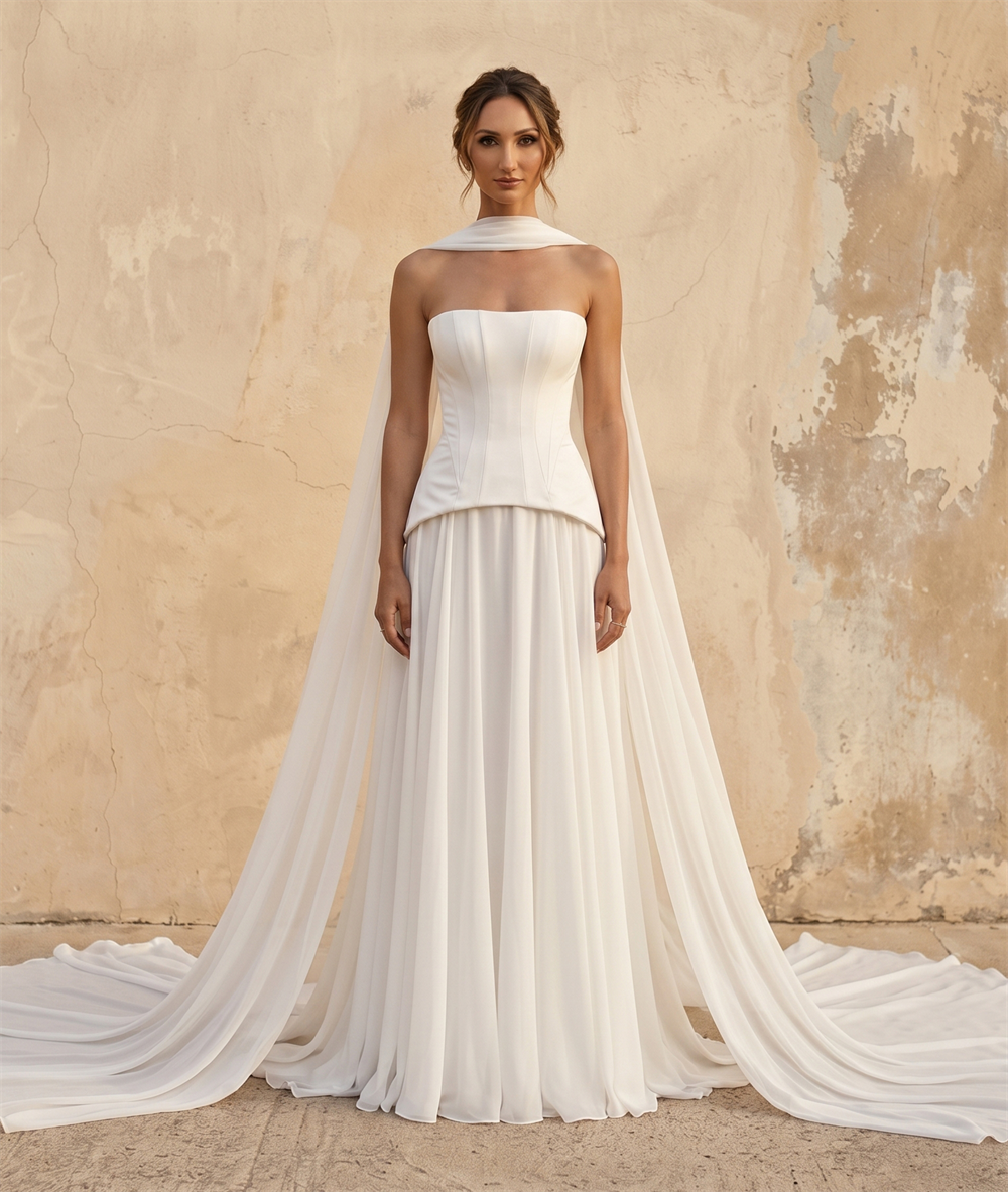 Strapless Structured Corset Chiffon Wedding Dress With Flowing Cape Train