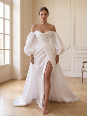 Off-The-Shoulder Puff Sleeve Draped Satin Wedding Dress Cowl Neck High Slit Pearl Button Back Elegant Formal Bridal Dress