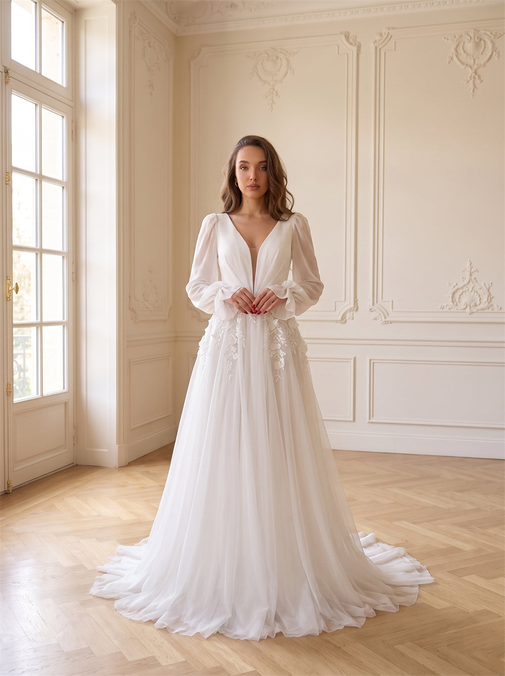 Long Sleeve Sheer V Neck Wedding Dress 3D Flower Lace Low Back Flowy Formal Bridal Dress