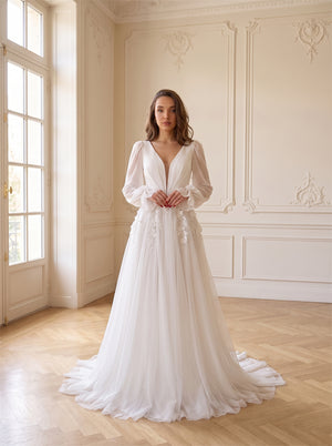Long Sleeve Sheer V Neck Wedding Dress 3D Flower Lace Low Back Flowy Formal Bridal Dress