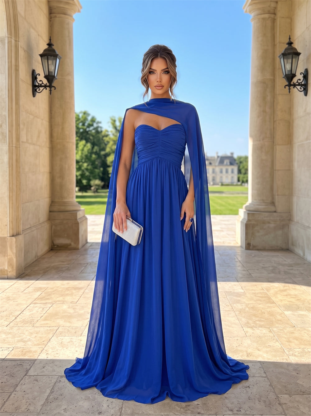 Strapless Sweetheart Chiffon Prom Dress With Cape Sleeve Ruched Bodice Low Back Flowy A Line Long Formal Evening Dress