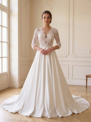 Three Quarter Sleeve Lace Bodice Satin Wedding Dress V Neck Sheer Lace Back Classic Formal Bridal Dress