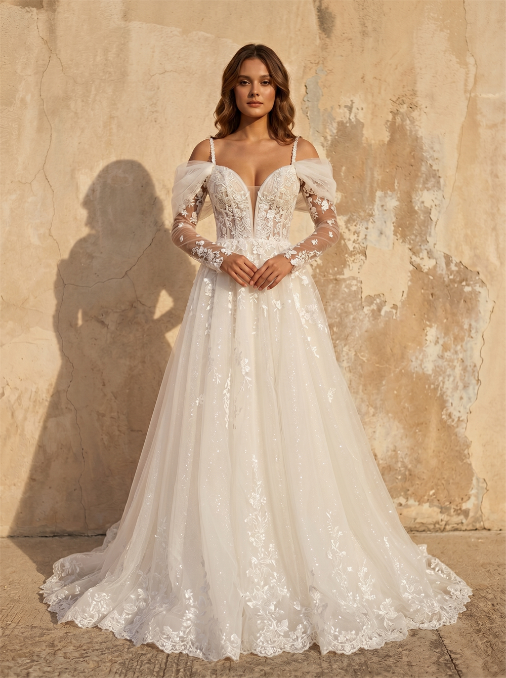 Off Shoulder Puff Long Sleeve Floral Lace Sparkly Tulle A-Line Wedding Dress