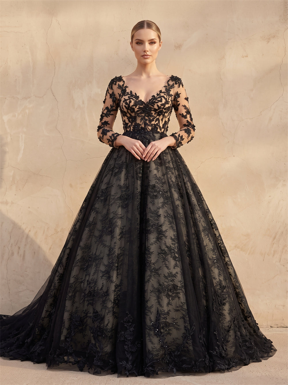Black Lace Long Sleeve Gothic Wedding Dress Deep V Low Back Voluminous A Line Tulle Formal Bridal Dress