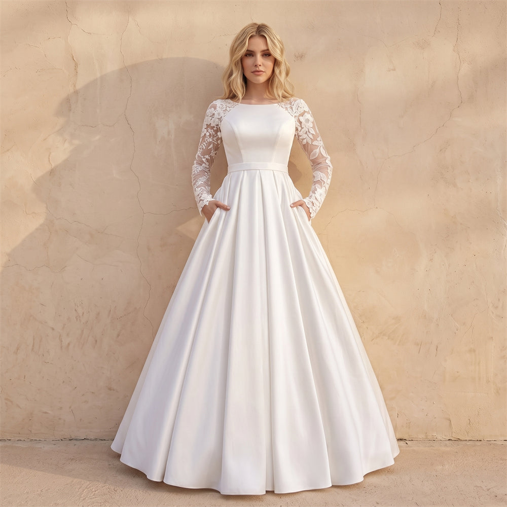 Long Lace Sleeve Plain Satin Wedding Dress Illusion Sheer Back Pocket A Line Formal Bridal Dress