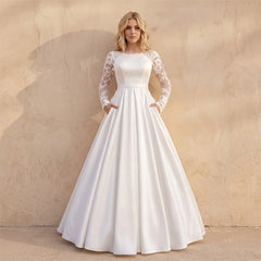 Long Lace Sleeve Plain Satin Wedding Dress Illusion Sheer Back Pocket A Line Formal Bridal Dress