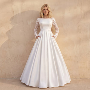 Long Lace Sleeve Plain Satin Wedding Dress Illusion Sheer Back Pocket A Line Formal Bridal Dress