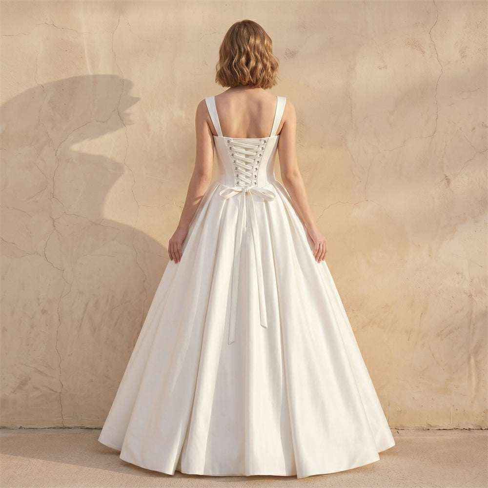 Wide Strap Cowl Neck Corset Lace Up Back A Line Satin Wedding Dress Bridal Dress