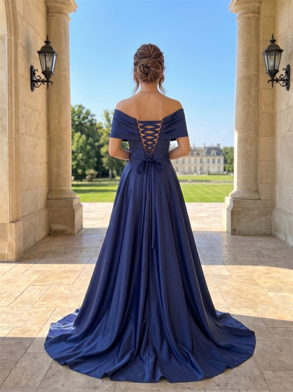 Off Shoulder Fold Over Satin Prom Dress Cross Wrap Ruched Bodice Corset Lace Up Back High Leg Slit A Line Formal Evening Dress